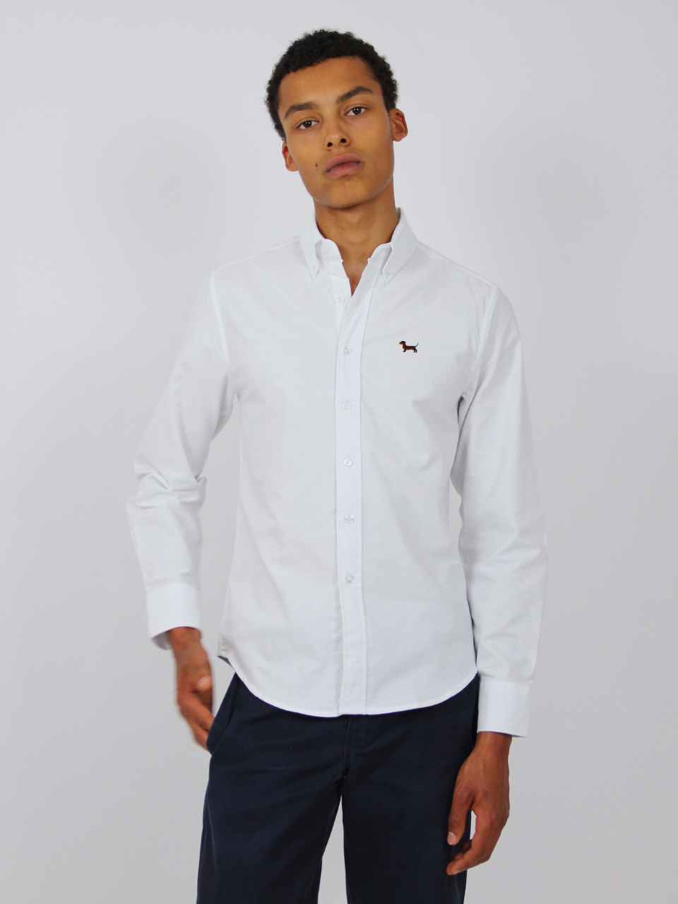 Weißes Oxford-Hemd mit Dackel-Stickerei, am Model