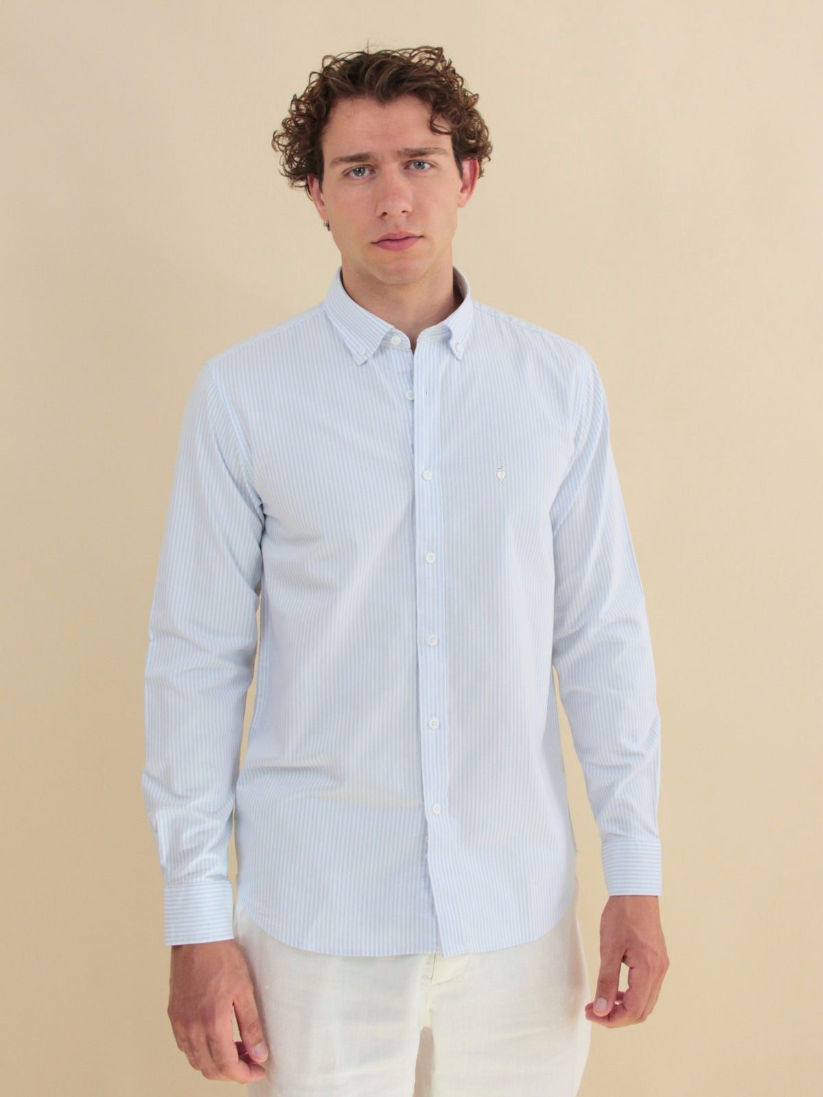 Blau-weiß gestreiftes Oxford-Hemd mit weißer Herz-Stickerei und Initiale J, am Model