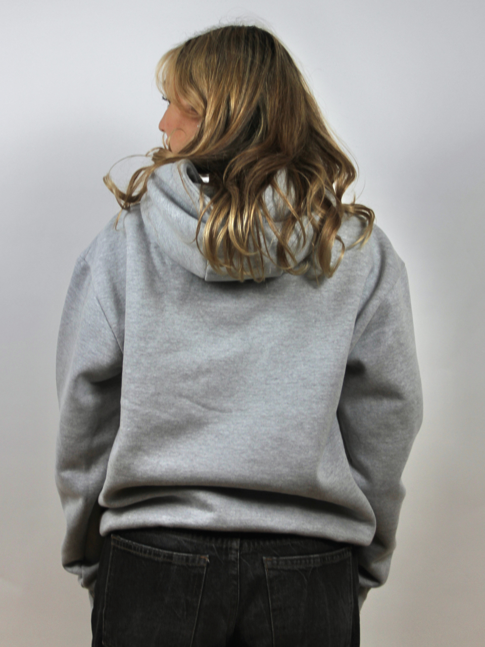 Hellgrauer Hoodie mit Dackel-Stickerei, Rückansicht